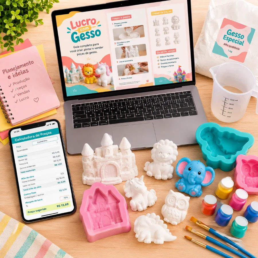 Tudo que vem no Lucro com Gesso: método, modelos de peças, cálculo de custo e estratégias de venda